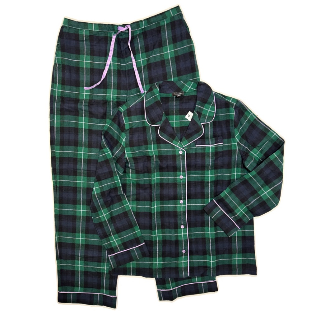 Talbots 100% Cotton Flannel Prancer Black Watch Plaid Pajama Set Size Small NWT